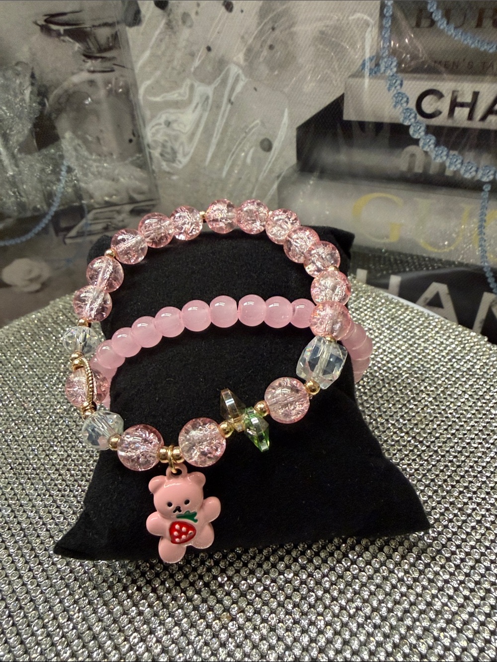 Pink Crystal & Bead Bracelet Set with Strawberry Bear Charm